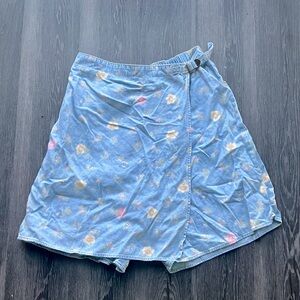 Vintage 90s Y2K Pastel Floral Cotton Chambray Denim Faux Wrap Skirt Mini Skort